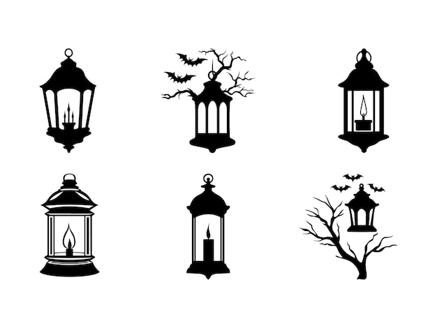 Vector spooky halloween lantern silhouettes with haunted trees and bats gothic vector clipart