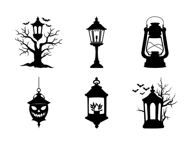 Vector spooky halloween lantern silhouettes with haunted trees and bats gothic vector clipart