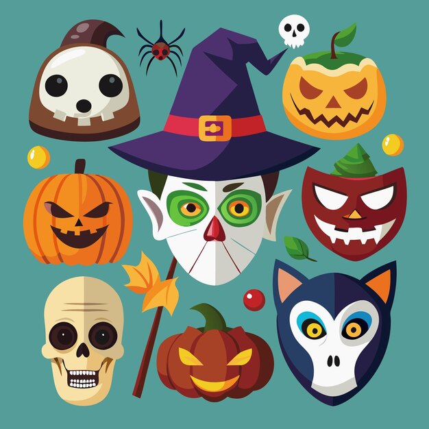 Vector spooky halloween masks and pumpkins for a frightful celebration