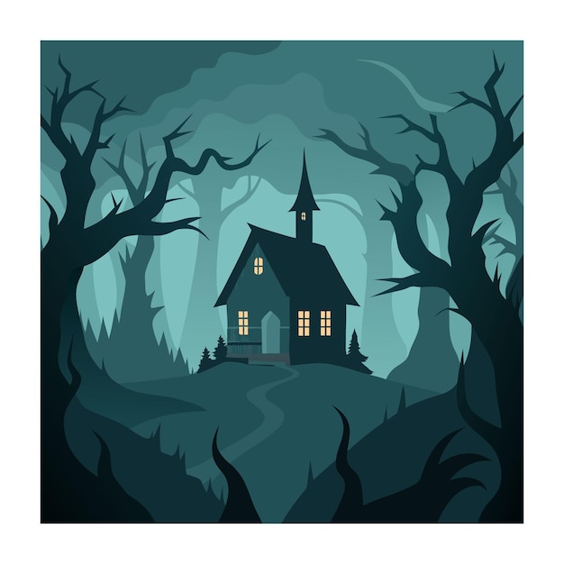 Vector the spooky of halloween night haunted house full moon ghosts lanterns and dark misty forest