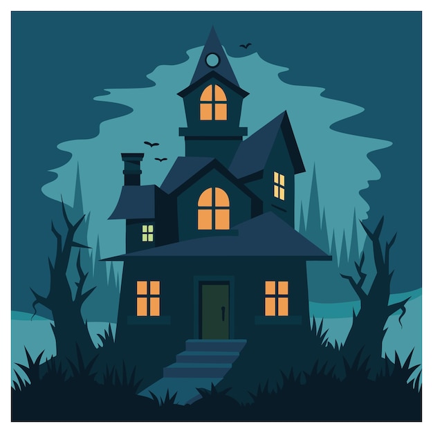 Vector the spooky of halloween night haunted house full moon ghosts lanterns and dark misty forest