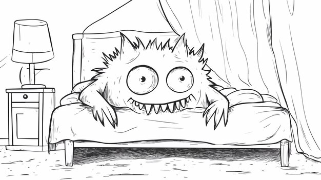 Vector spooky halloween outline illustration of cute monster under the bed