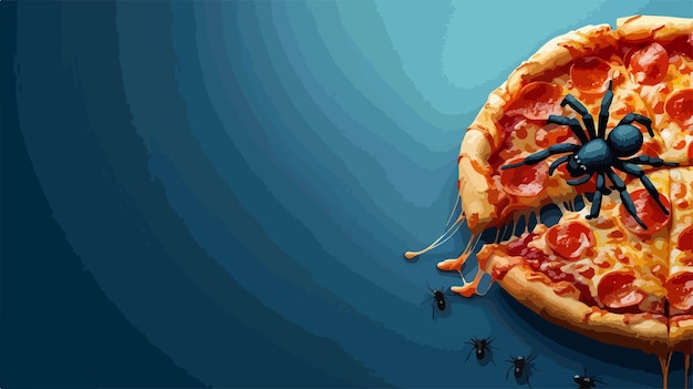 Vector spooky halloween party decor with tasty pizza and spider on blue background