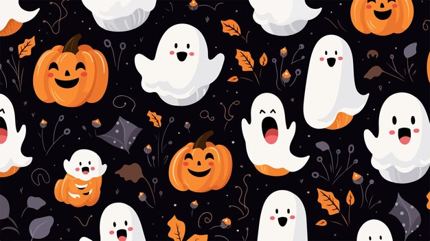 Vector spooky halloween pattern with cute baby ghosts and pumpkins