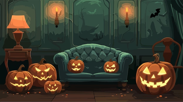 Vector spooky halloween pumpkins with candles and ottoman near green wall