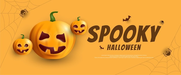 Spooky halloween Scary banner with pumpkin lantern on yellow background