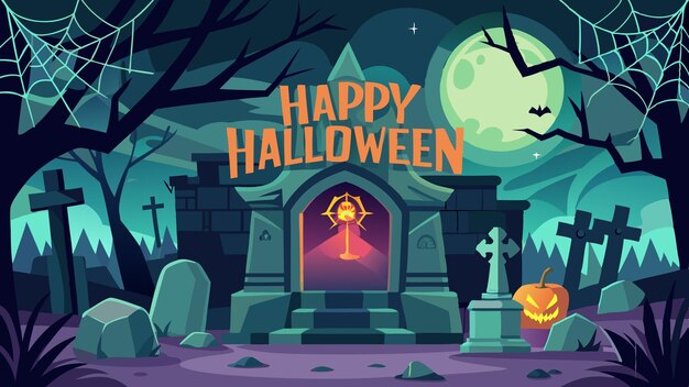 Vector a spooky halloween scene with a creepy old stone building crosses bats a glowing pumpkin and a full moon