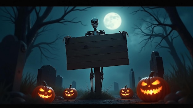 Spooky Halloween scene with skeleton and sign