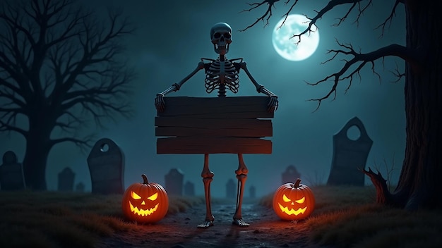 Spooky Halloween scene with skeleton and sign