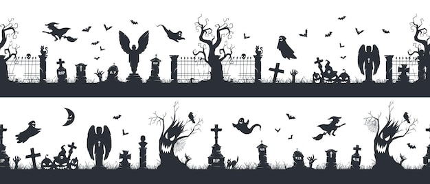 Spooky halloween seamless borders Halloween creepy cemetery decorations spooky grave stones with crosses scary trees and ghosts flat vector illustration set Sinister landscape silhouettes