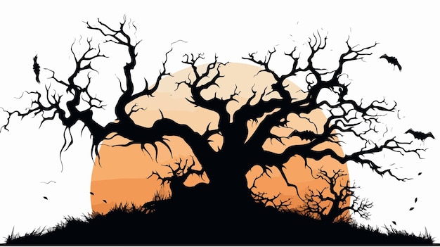 Vector spooky halloween tree silhouette at night