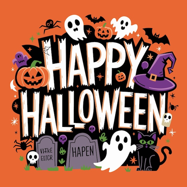 Vector spooky halloween typography with festive elements on purple background