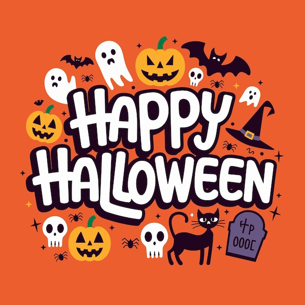 Spooky Halloween Typography with Festive Elements on Purple Background