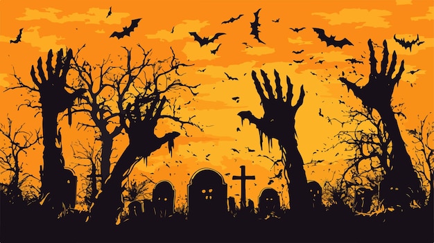 Vector spooky halloween zombie hands silhouettes on cemetery