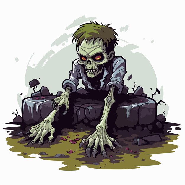 Vector spooky halloween zombie rising from grave clipart on white background