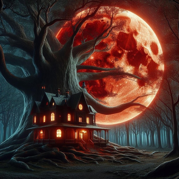 Vector spooky haunted house with red moon