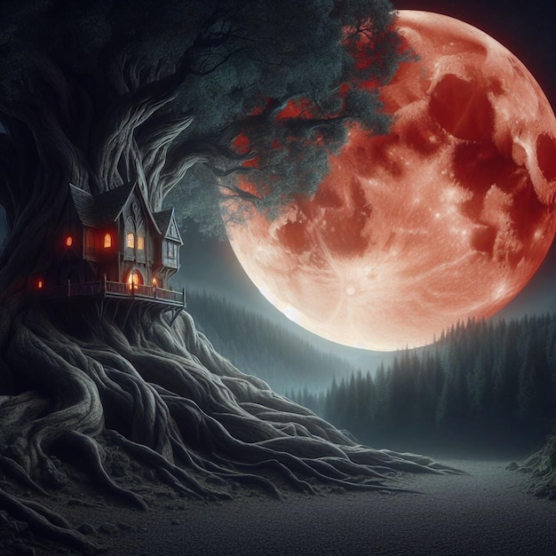 Vector spooky haunted house with red moon