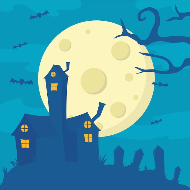 Spooky house on Halloween night. The scary atmosphere in October during Halloween in blue.