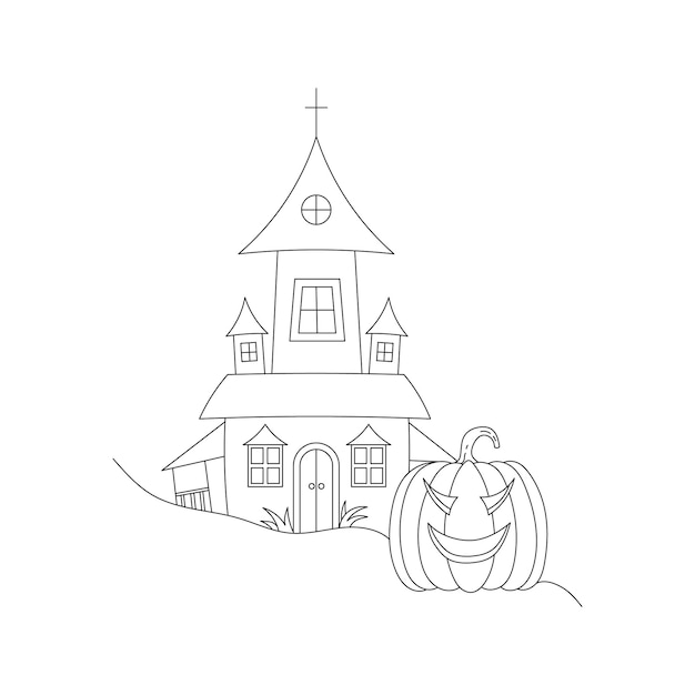 Spooky House and a Halloween Pumpkin Outline Illustration vector Design