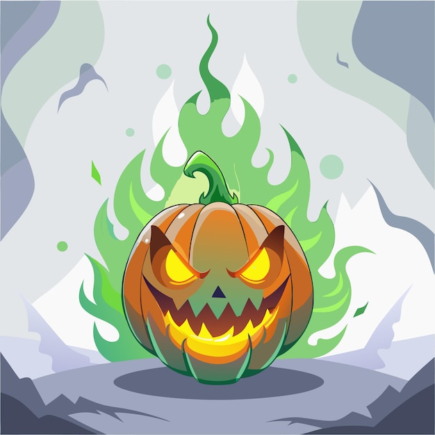 A spooky jacko39lantern with glowing eyes surrounded by green flames