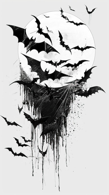 Spooky Line Art of Flying Bats Inspired by Addams Family Halloween elements Happy Halloween