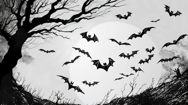 Spooky Line Art of Flying Bats Inspired by Addams Family Halloween elements Happy Halloween