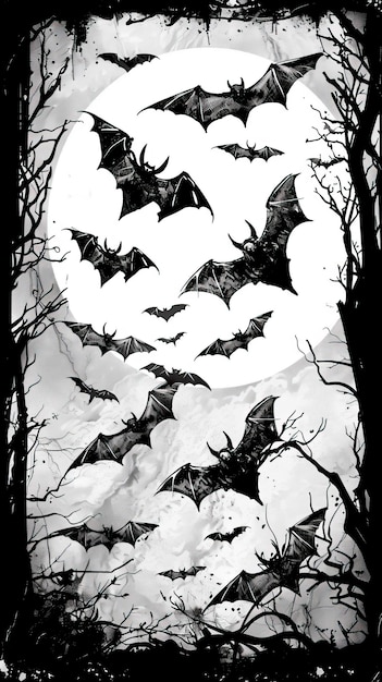 Spooky Line Art of Flying Bats Inspired by Addams Family Halloween elements Happy Halloween