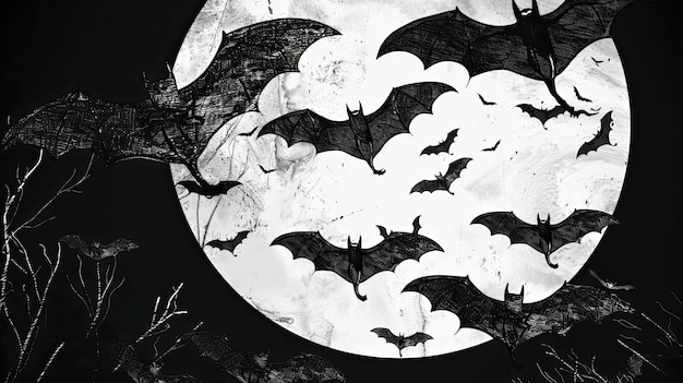 Spooky Line Art of Flying Bats Inspired by Addams Family Halloween elements Happy Halloween