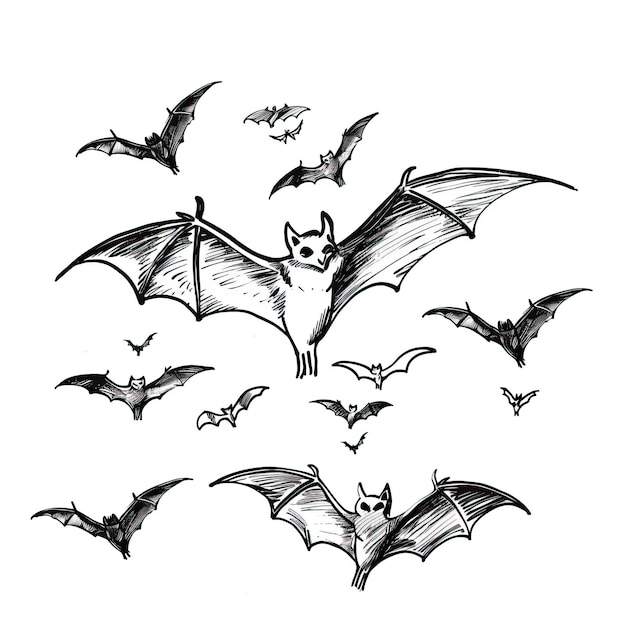 Spooky Line Art of Flying Bats Inspired by Addams Family Halloween elements Happy Halloween