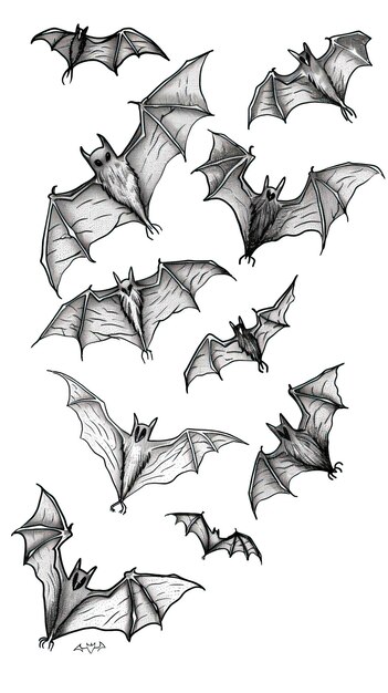 Spooky Line Art of Flying Bats Inspired by Addams Family Halloween elements Happy Halloween