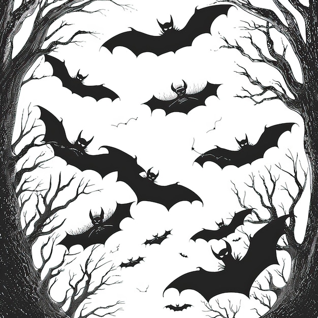 Spooky Line Art of Flying Bats Inspired by Addams Family Halloween elements Happy Halloween