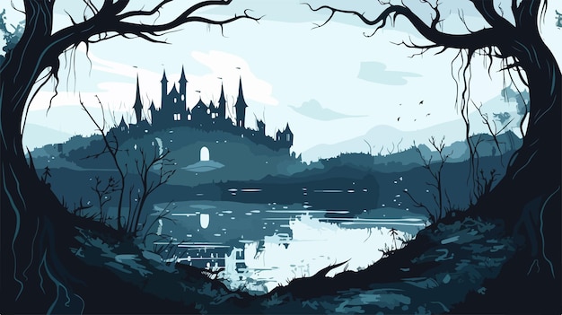 Spooky Night Illustration with Mixed Media Flat Vector Isolated