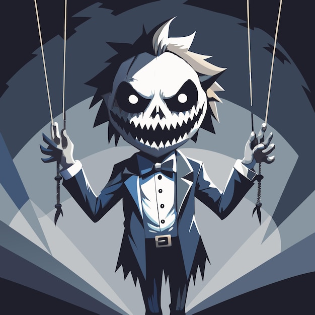 Vector a spooky puppet character with a skeletal face dressed in a tuxedo holding puppet strings