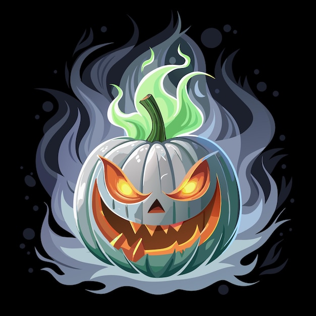 A spooky stylized pumpkin with glowing eyes and green flames perfect for Halloween themes