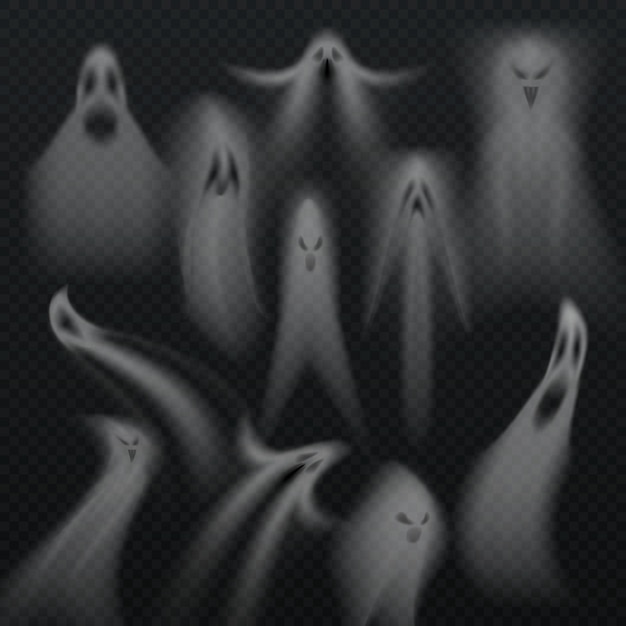 Vector spooky transparent halloween ghost isolated vector set. horro evil demon souls