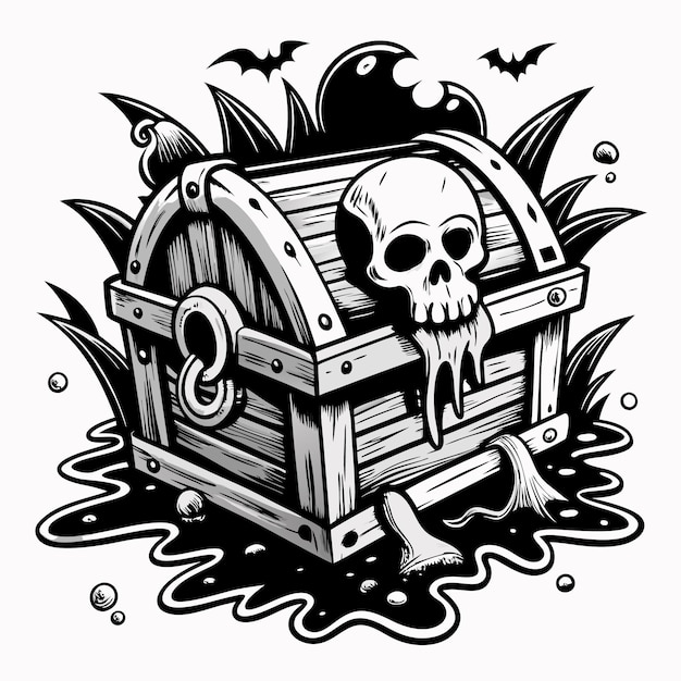 Vector spooky treasure chest with skull and bats in black and white vector illustration