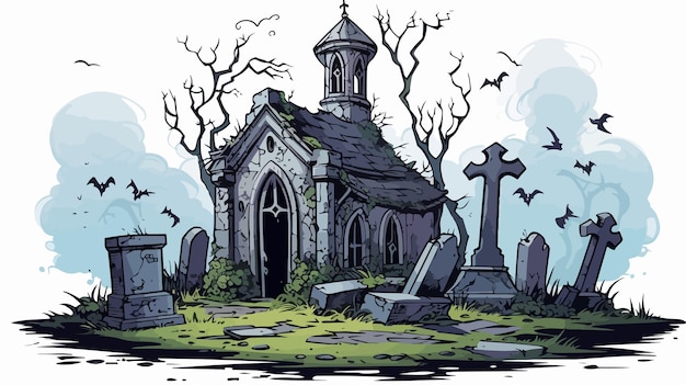 Spooky Victorian Graveyard Cartoon Doodle Illustration