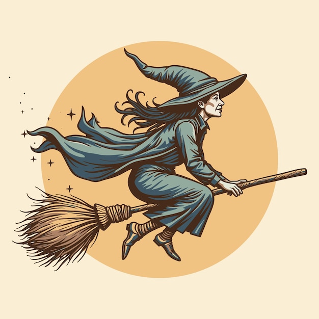 Vector spooky witch flying across a haunted landscape on a broomstick vector artxaxaxaxaxaxa