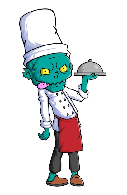 Spooky zombie chef cartoon character on white background