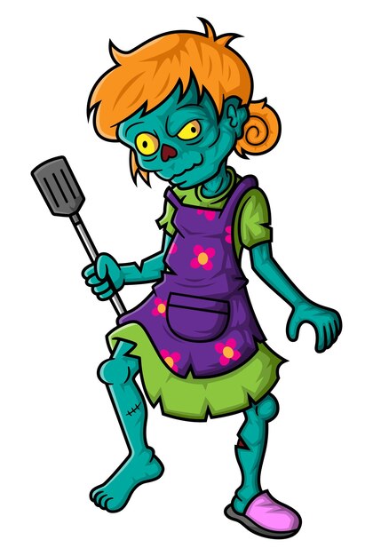 Spooky zombie cooking cartoon character on white background