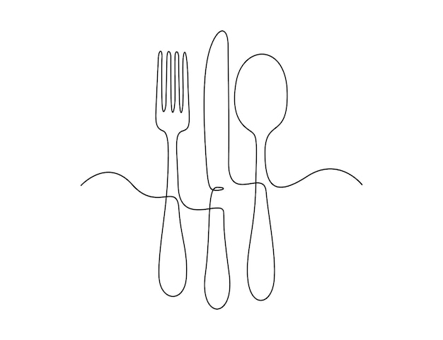 Spoon fork and knife continuous one line drawing premium illustration