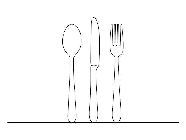 Spoon fork and knife continuous one line drawing vector illustration pro vector