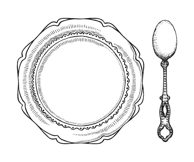 Spoon and plate for soup vintage sketch vector illustration