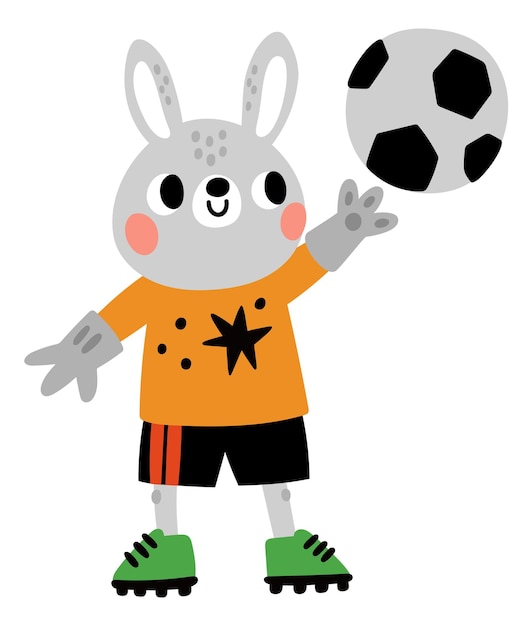 Sport animal Cartoon athlete character play with soccer ball Football player Bunny in sportswear Isolated happy rabbit Hare game competition Active kids leisure Vector illustration