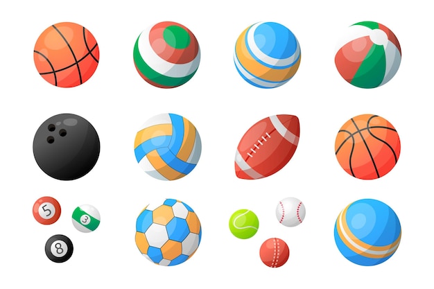 Sport balls Different handball icons of basketball baseball or volleyball Cricket activity Football golf and soccer equipment Athletic playing spheres Vector illustration set