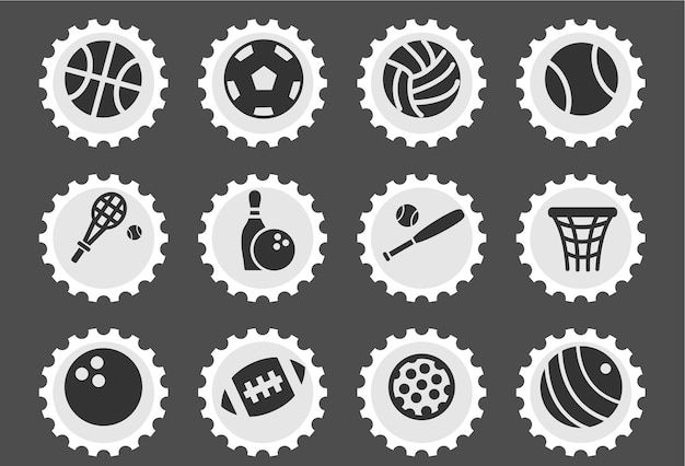 Sport balls icons on stylized round postage stamps