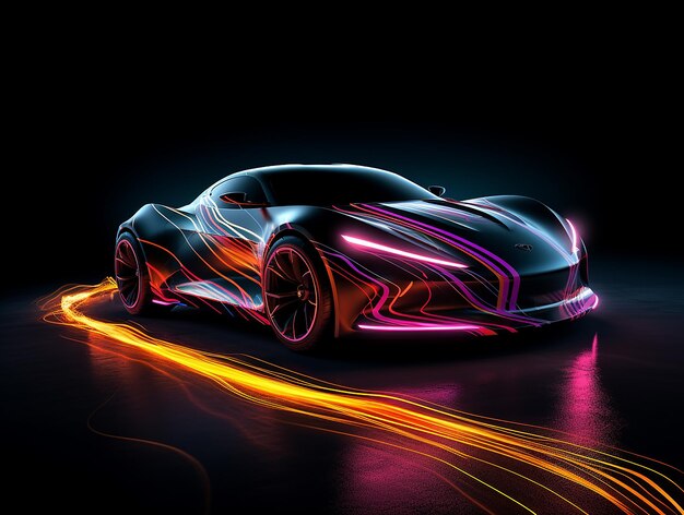 Vector sport car with motion blur on the road cyberpunk fire racing car at high speed on street car on street night city back side view car racing on track leaving neon trail of lights from back