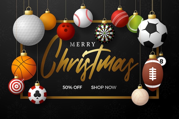 Sport christmas sale banner. Christmas card with sport baseball, basketball, football, tennis balls hang on a thread on black modern background. Vector illustration. Place for your text