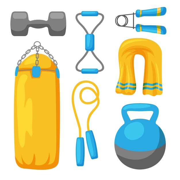 Sport concept with balls and gaming items Fitness equipment for workout and cardio set in gym Vector Healthy lifestyle illustration