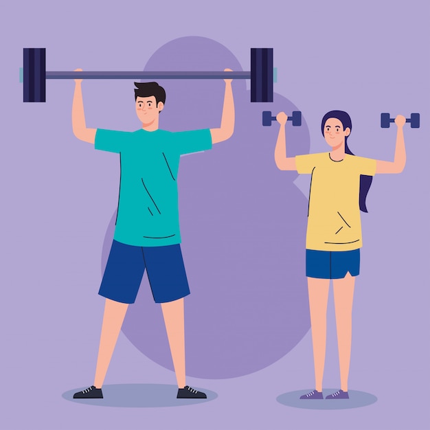 Sport, couple with weights, heavy equipment, sport and leisure